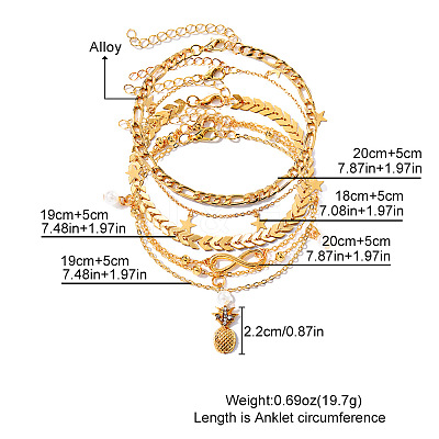 Alloy & Imitation Pearl Round Star Pineapple Charm 5 Layer Anklets for Women FS-WG8DB57-01-1