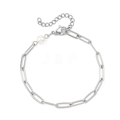 Shell Pearl & 304 Stainless Steel Paperclip Chain Bracelets for Women BJEW-JB13820-1