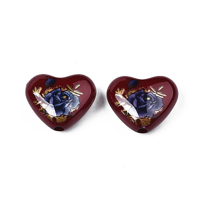 Flower Printed Opaque Acrylic Heart Beads SACR-S305-28-L01-1