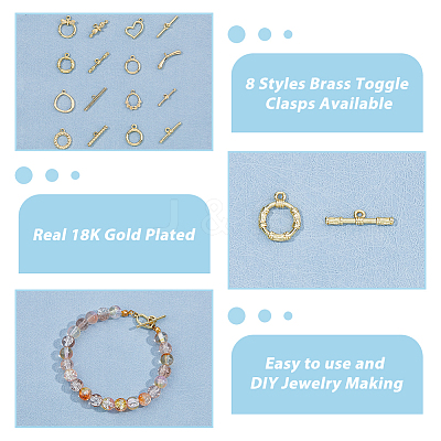 16Pcs 8 Styles Rack Plating Eco-Friendly Brass Toggle Clasps KK-HS0001-41-1