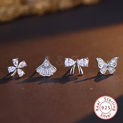 Anti-Tarnish 4Pcs 4 Style Rhodium Plated 925 Sterling Silver Stud Earrings Set PI9253-2-1