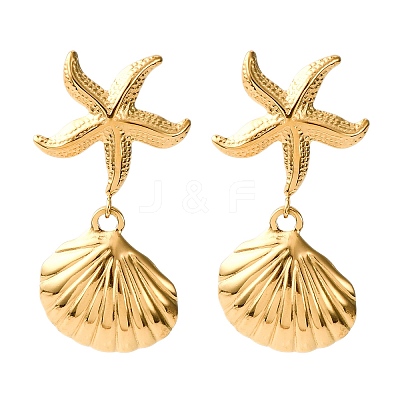 304 Stainless Steel Shell Shape with Starfish Shape Dangle Stud Earrings EJEW-Z135-02G-01-1