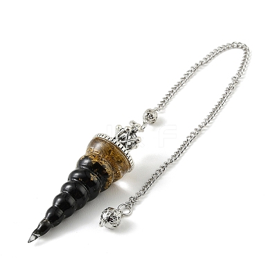 Resin Dowsing Pendulum Pendants with Natural Obsidian Chips inside and Iron Chain & Alloy Caps GG-CBAEAD2-01C-1