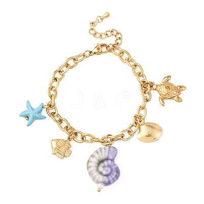 Turtle & Fish 304 Stainless Steel Charm Bracelets for Women BJEW-F516-02G-1