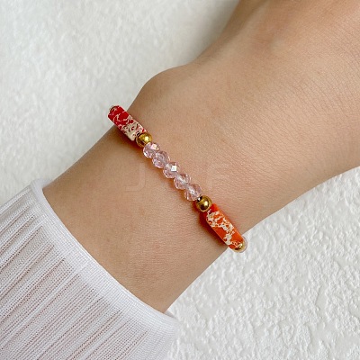 Dyed Synthetic Imperial Jasper Cuboid & Faceted Rondelle Dyed White Jade & Round Brass Beaded Stretch Bracelets QY8342-9-1