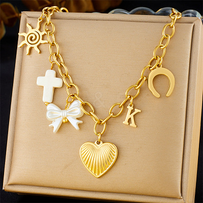304 Stainless Steel & Imitation Pearl Bowknot Sun Pendant Bib Necklaces for Women FS-WG17725-01-1