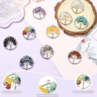 10Pcs 10 Styles Chakra Natural Mixed Stone Tree fo Life Pendants G-YW0002-31-1