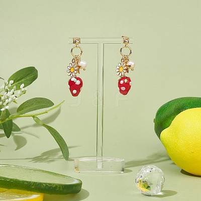 Natural Pearl & Alloy Enamel Flower & Lampwork Strawberry Dangle Stud Earrings EJEW-TA00143-1
