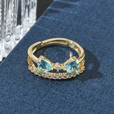 Adjustable Bowknot Shape Brass & Light Blue Cubic Zirconia Finger Rings CU-CBA7E55-07G-1