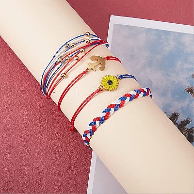 4Pcs 4 Style Flower & Anchor Braided Bead Bracelets Set BJEW-SW00040-1