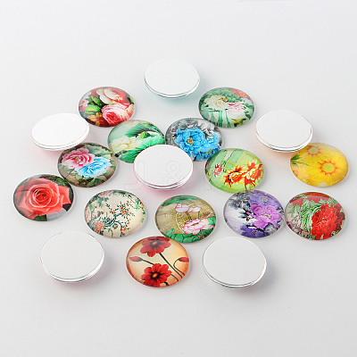Flower Printed Glass Cabochons GGLA-A002-14mm-BB-1