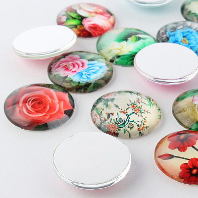 Flower Printed Glass Cabochons GGLA-A002-12mm-BB-1