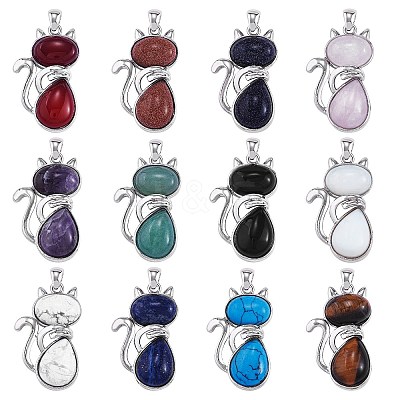 12Pcs 12 Style Natural & Synthetic Gemstone Kitten Pendants G-SZ0002-17-1