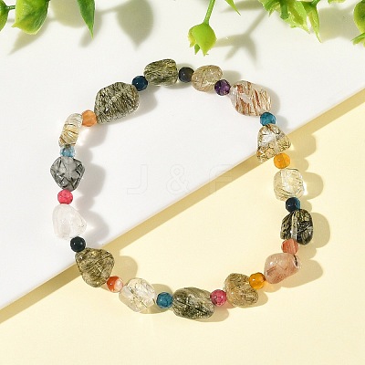Natural Green Rutilated Quartz & Agate Beads Adjustable Stretch Bracelets for Women BJEW-JB14217-1