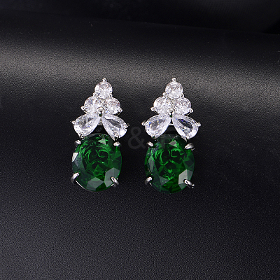 Brass Pave Cubic Zirconia Oval with Flower Stud Earrings for Women ML2840-1-1