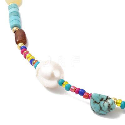 Natural Turquoise & & Pearl & Glass Seed Boho Beaded Necklace for Women NJEW-G099-05G-1