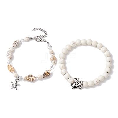 2Pcs 2 Style Synthetic Howlite & Glass & Shell Stretch Bracelets with Tortoise BJEW-JB10091-03-1