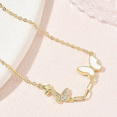 Brass Micro Pave Clear Cubic Zirconia White Butterfly Link Bracelets KK-CBA6980-21G-1