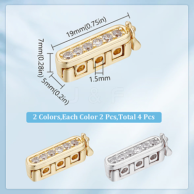 4Pcs 2 Colors Rectangle Brass Micro Pave Clear Cubic Zirconia Twister Clasps ZIRC-DC0001-31-1