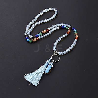 Opalite Bullet & Tassel Pendant Necklace with Mixed Gemstone Beaded Chains NJEW-E585-02F-1
