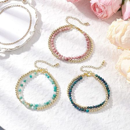 3Pcs Natural Rhodonite & Chrysocolla & Lapis Lazuli &  Dyed Hemimorphite Round Beadeds Double-layered Bracelets for Women BJEW-JB12095-1