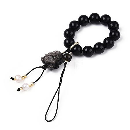 Natural Silver Obsidian & Obsidian & Natural Pearl & Brass for Mobile Phone Straps HJEW-N003-01-1