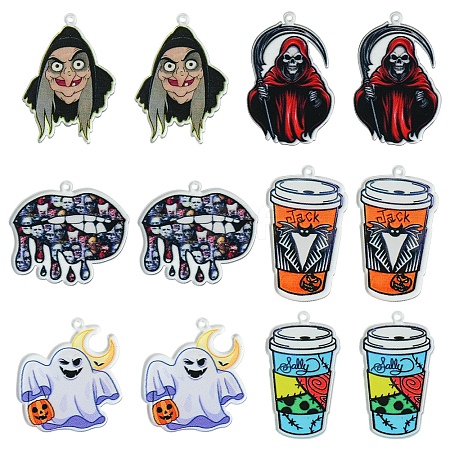 12Pcs 6 Styles Halloween Printed Acrylic Pendants OACR-FS0001-73-1