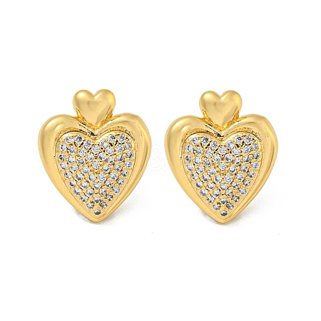 Heart Brass Pave Clear Cubic Zirconia Stud Earrings for Women EJEW-N054-39G-1