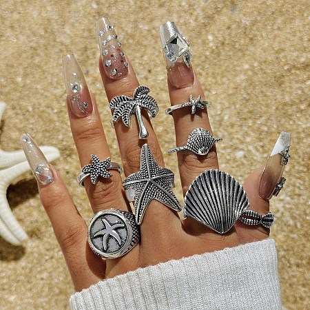 8Pcs 8 Styles Alloy Starfish/Shell Shape/Coconut Tree Finger Rings for Unisex PW-WG7F8AF-01-1