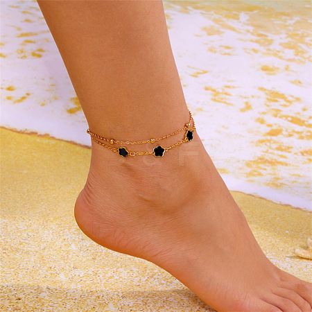 Alloy and Acrylic 5-Petal Flower Link Chain Double Layer Anklets for Women FS-WG1ACB2-01-1