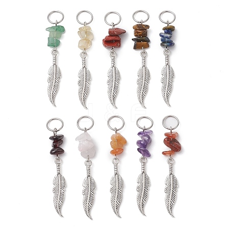 Natural Gemstone Chips & Alloy Feather Pendants PALLOY-JF02771-1