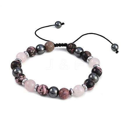 Non-Magnetic Synthetic Hematite & Natural Rhodonite & Natural Rose Quartz Round Beaded Braided Bracelets for Men Women BJEW-JB11185-01-1