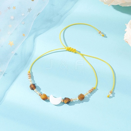 Natural Tiger Eye & Freshwater Shell Moon Charm Bracelets BJEW-MZ00303-02-1