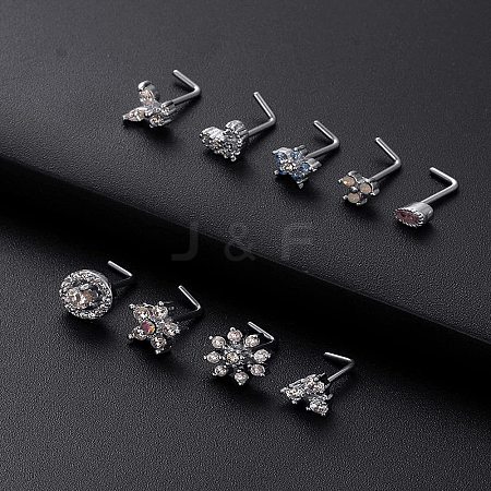 316L Surgical Stainless Steel White Cubic Zirconia L-Shaped Nose Rings WG135CD-18-1