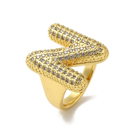 Letter Brass Micro Pave Clear Cubic Zirconia Open Cuff Ring for Women RJEW-N046-03N-G-1