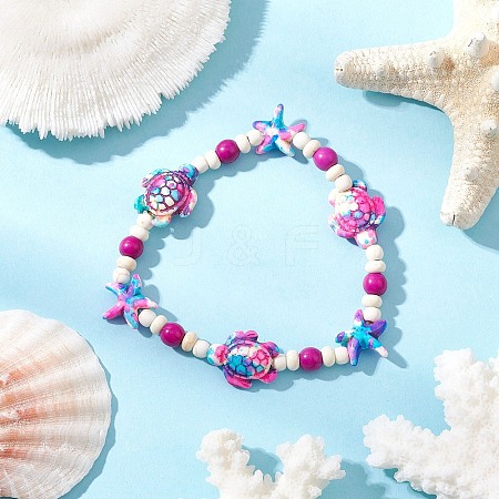 Starfish & Turtle Synthetic Turquoise Dyed Beads Stretch Bracelets for Women BJEW-JB11920-04-1
