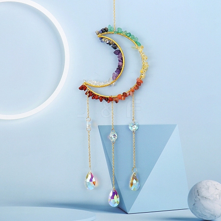 Glass & Brass Moon Pendant Decorations HJEW-PW0002-09E-1