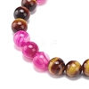 Natural Agate & Tiger Eye(Dyed & Heated) & Black Onyx Round Beaded Stretch Bracelet BJEW-JB08400-01-4