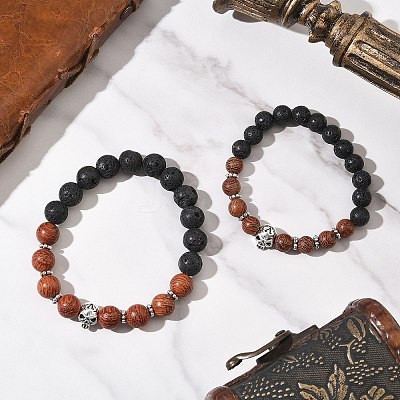 2Pcs 2 Styles Halloween Natural Wood & Lava Rock Round Beads Stretch Bracelets BJEW-JB12351-1