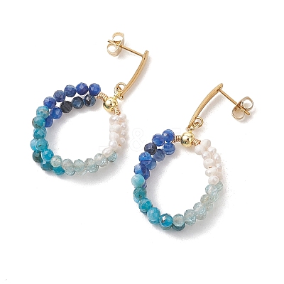 Natural Apatite & Natural Kyanite Faceted Round & Natural Cultured Freshwater Pearl Bead & 304 Stainless Steel Stud Dangle Earrings EJEW-JE07229-01-1