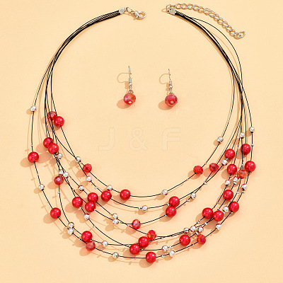 Bohemian Ethnic Style Alloy & Plastic Pearl & Glass Round Beaded Multilayer Necklaces & Dangle Earrings Sets FS-WG56E61-05-1