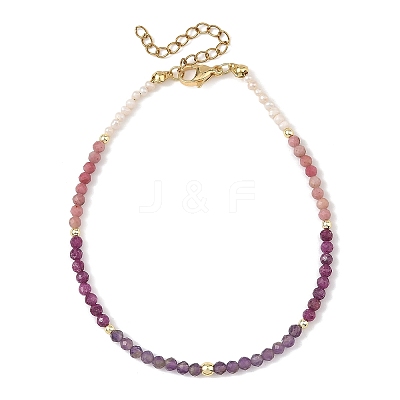 Natural Pearl Rice & Faceted Round Natural Amethyst & Ruby & Rhodonite Beaded Anklets AJEW-AN00837-1