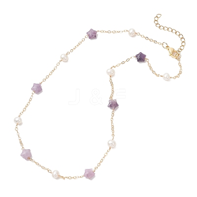 Natural Lepidolite Star & Natural Freshwater Pearl & Brass Link Chain Necklaces NJEW-JN05687-03-1