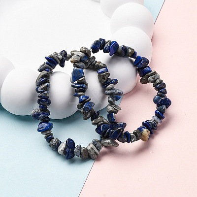 Unisex Chip Natural Lapis Lazuli Beaded Stretch Bracelets BJEW-S143-07-1