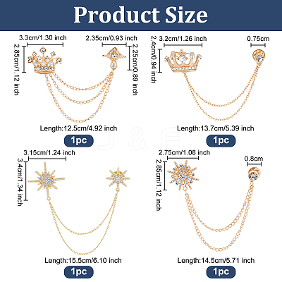 4Pcs 4 Styles Rhinestone Crown & Star Hanging Chain Brooch JEWB-OC0001-09-1