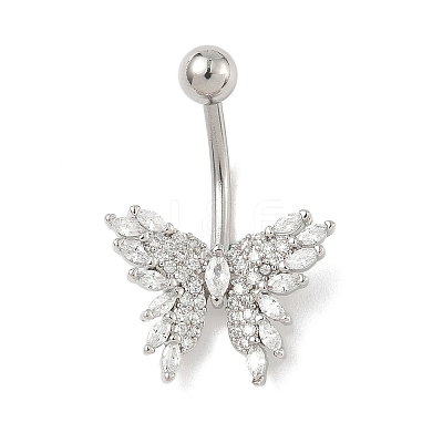Brass Pave Clear Cubic Zirconia Curved Barbell Butterfly Belly Rings AJEW-L099-01A-P-1