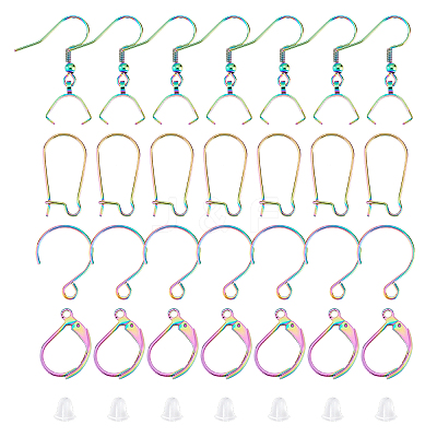 64Pcs 4 Style Rainbow Color 304 Stainless Steel Earring Hooks & Leverback & Hoop Earring Findings STAS-DC0010-34-1