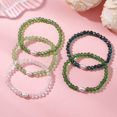 5Pcs Glass & Natural Cultured Freshwater Pearl Beads Stretch Bracelets for Women BJEW-JB13521-1