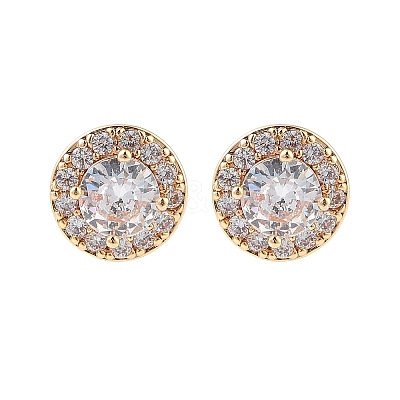 Rack Plating Flat Round Brass Clear Cubic Zirconia Stud Earrings EJEW-M090-19G-03-1