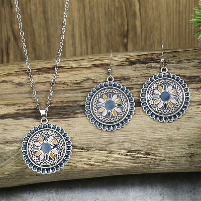 Flower Alloy Enamel Pendant Necklaces & Dangle Earrings Sets WG8932C-04-1